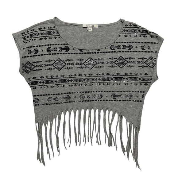 Studded Forever 21 Juniors Aztec Print Fringe Crop Top Gray Size Small - Picture 1 of 5